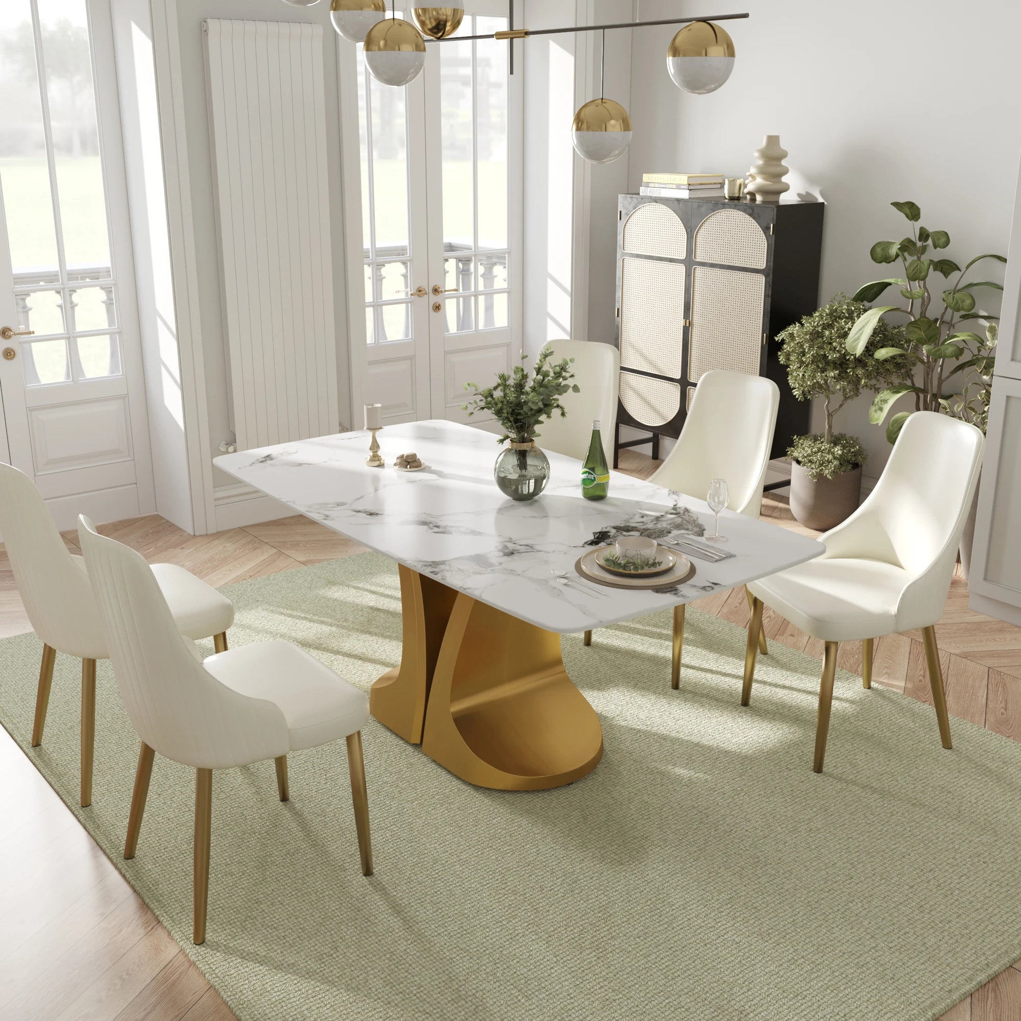 Voxhome US Drop Shipping Dining Room Furniture Luxury Rectangle Dining Table Sintered Stone Top Gold Base Dinner Table