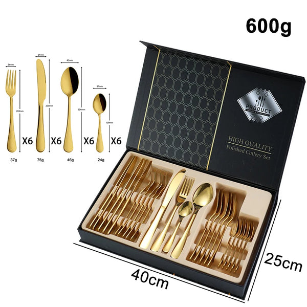 Custom Logo Gold Spoon and Fork Flatware Set Stainless Steel Cutlery Set With Box 24pcs Luxury Gift Gold Cutlery Set for Wedding
