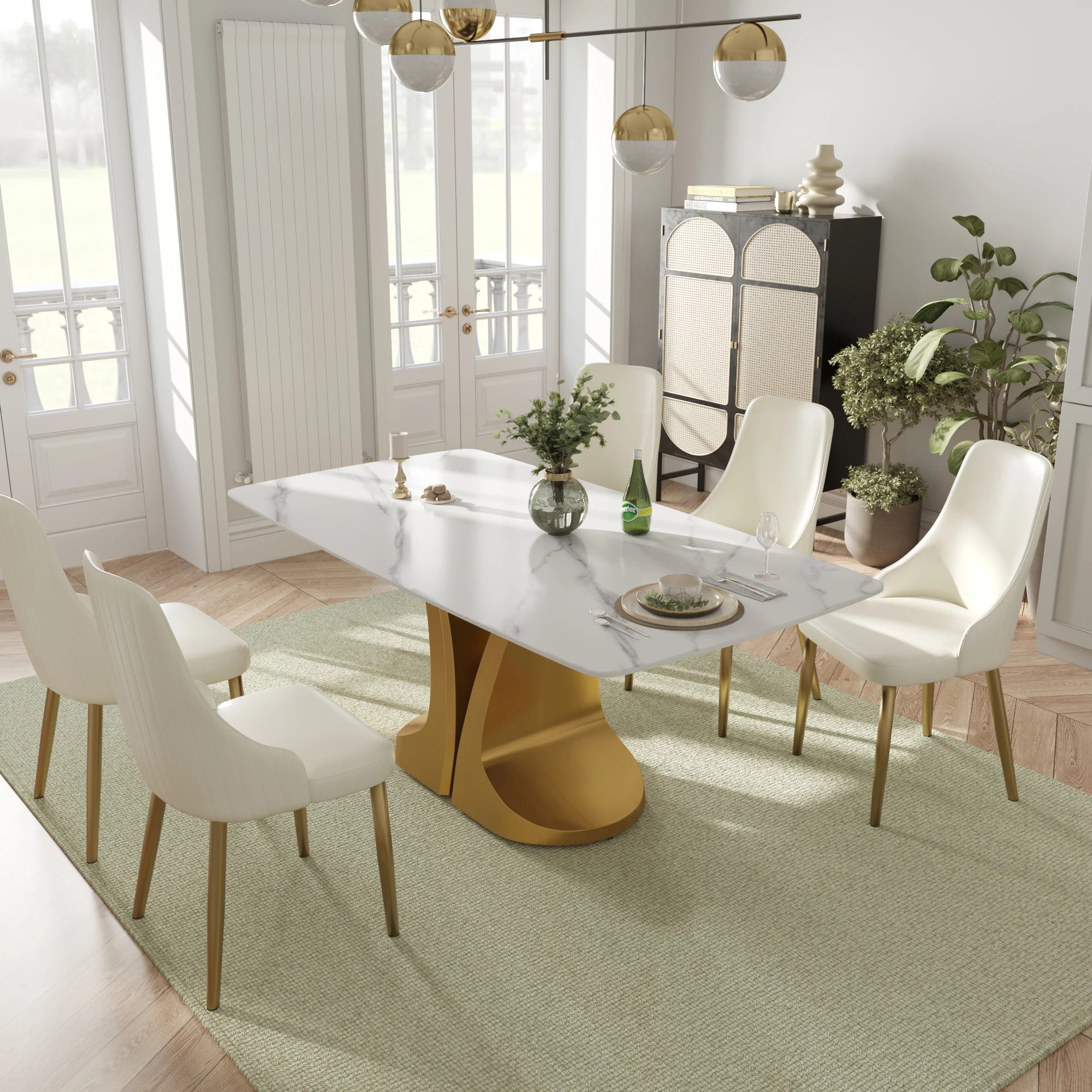 Voxhome US Drop Shipping Dining Room Furniture Luxury Rectangle Dining Table Sintered Stone Top Gold Base Dinner Table