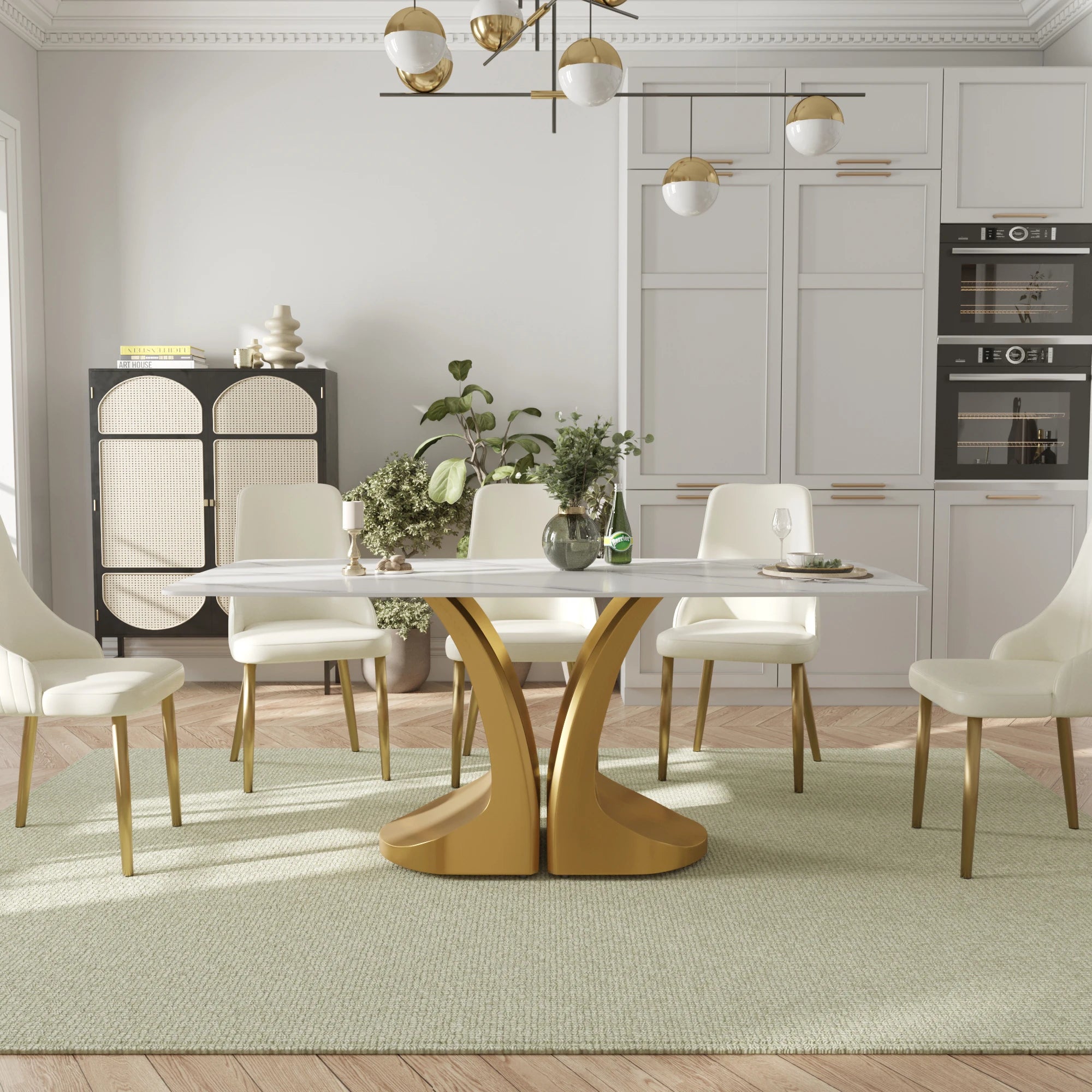 Voxhome US Drop Shipping Dining Room Furniture Luxury Rectangle Dining Table Sintered Stone Top Gold Base Dinner Table