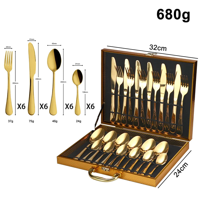 Custom Logo Gold Spoon and Fork Flatware Set Stainless Steel Cutlery Set With Box 24pcs Luxury Gift Gold Cutlery Set for Wedding