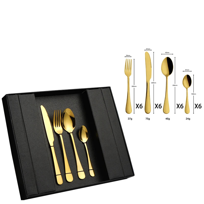 Custom Logo Gold Spoon and Fork Flatware Set Stainless Steel Cutlery Set With Box 24pcs Luxury Gift Gold Cutlery Set for Wedding