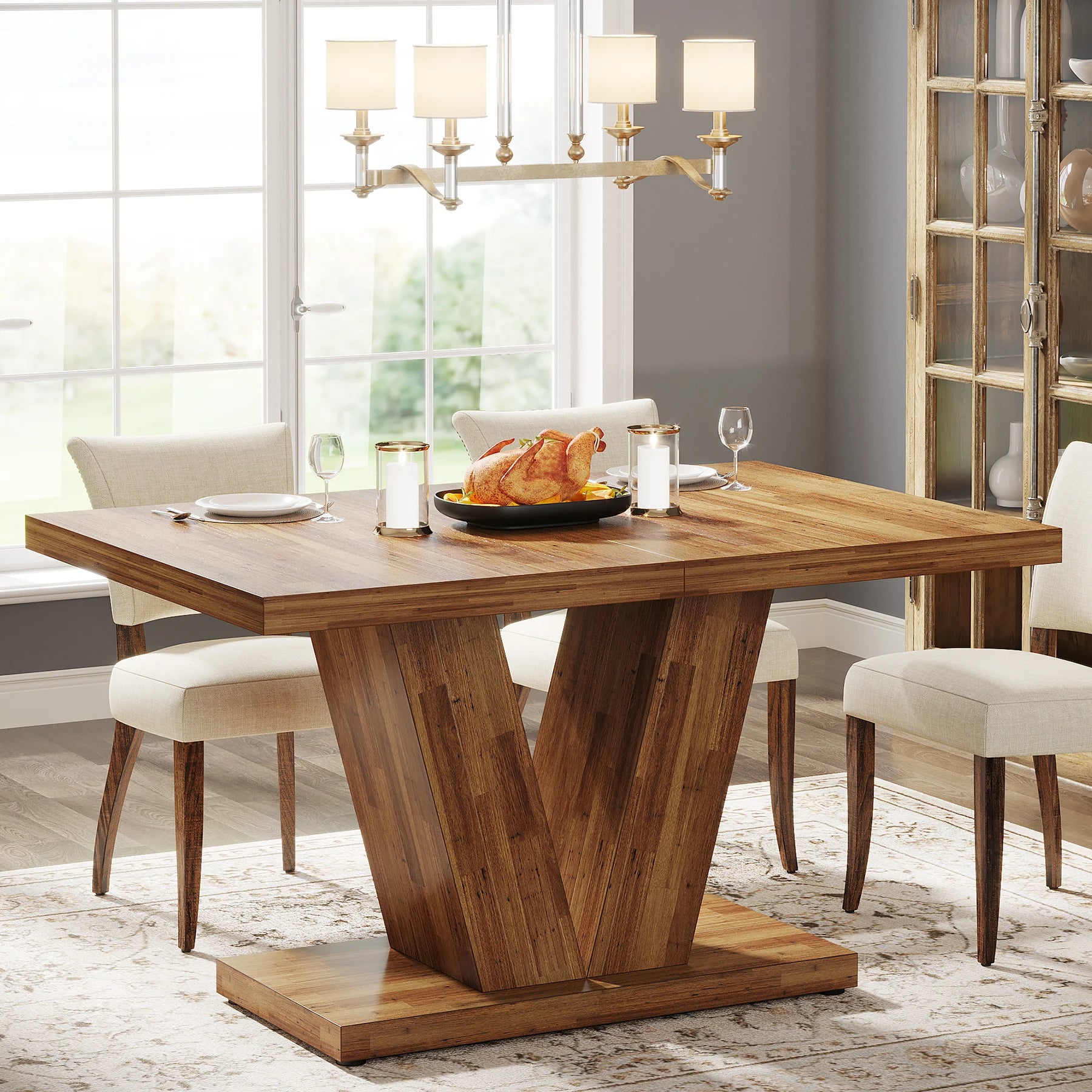 Rectangular 47 Inch Big Small Space Kitchen Table Heavy Base Farmhouse Breakfast Nook Table for 4 Walnut Brown