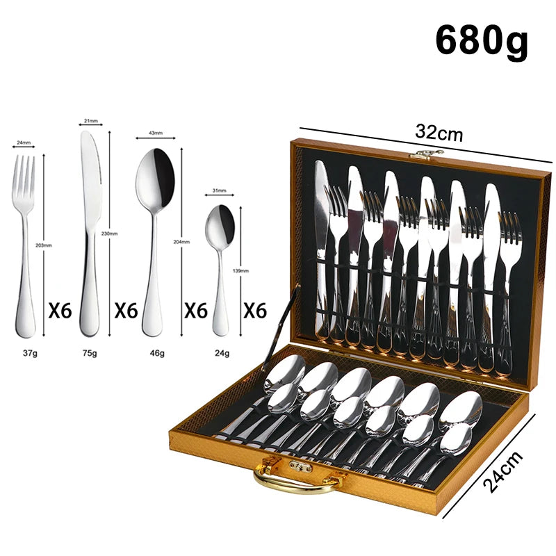 Custom Logo Gold Spoon and Fork Flatware Set Stainless Steel Cutlery Set With Box 24pcs Luxury Gift Gold Cutlery Set for Wedding