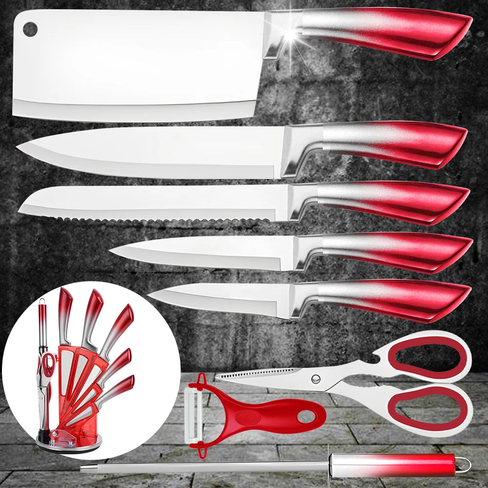 MDHAND 9Pcs Stainless Steel Knife Block Set with Sharpener Cutting Slicing Fruit Meat Cleaver Utility Knife Knives  Accessories