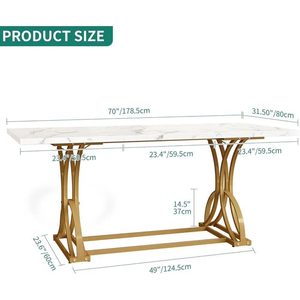 Modern White 70 Inch Rectangle Dining Table for 4-6 with Gold Legs, Perfect for Home, Kitchen, Restaurant Use