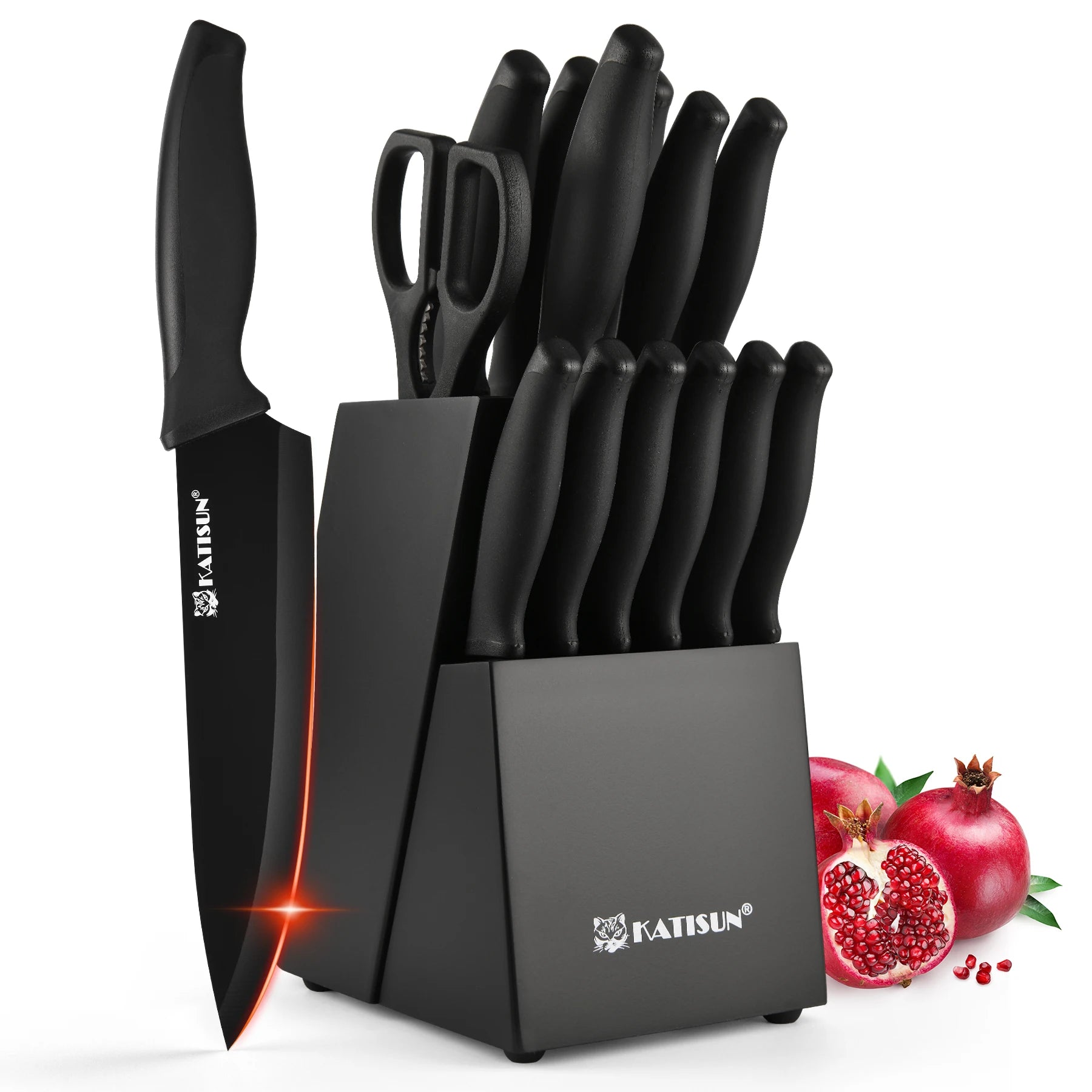 15 Pieces Carbon Steel Kitchen Knife Block Set, Built-in Knife Sharpener, Non-Slip PP+TPR Handles, 6 Steak Knives