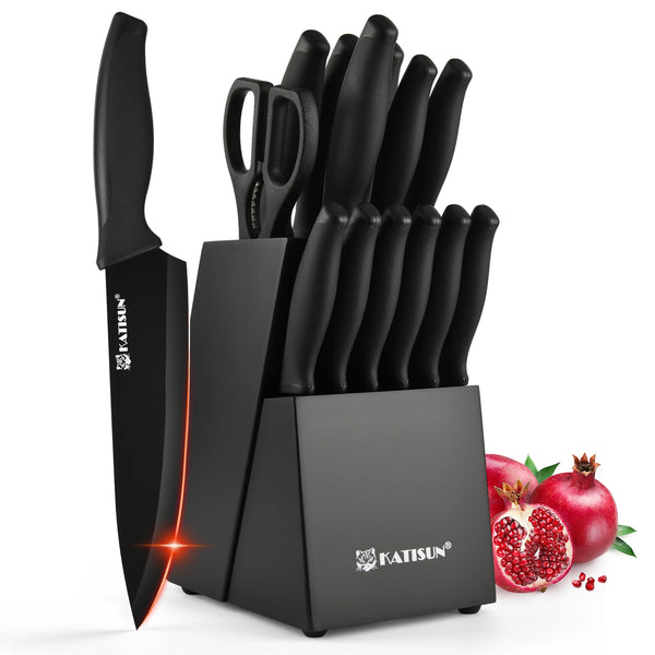 15 Pieces Carbon Steel Kitchen Knife Block Set, Built-in Knife Sharpener, Non-Slip PP+TPR Handles, 6 Steak Knives