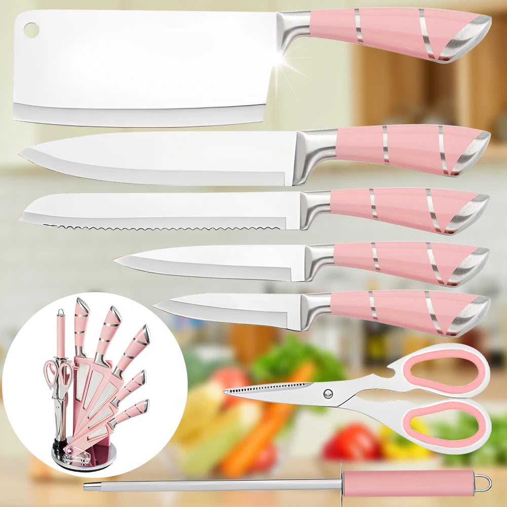 ZENG 9PCS Kitchen Knife Set Stainless Steel Hollow Handle Sharp Meat Cutting Cooking Knife Scissors Bread Knife Fruit Peeler