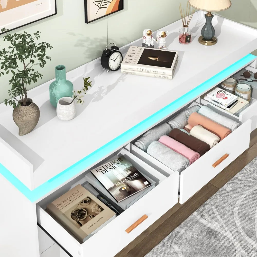 9 Drawer Dresser with LED Light and Charging Station, Modern Chest of Drawers for Closet, Wide Drawer Organizer Cabinet