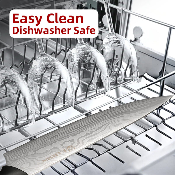 15 Pieces Damascus Pattern Kitchen Knife Block Set, Ergonomic Black Anti-Slip Handle with Red Trim, Includes Sharpener