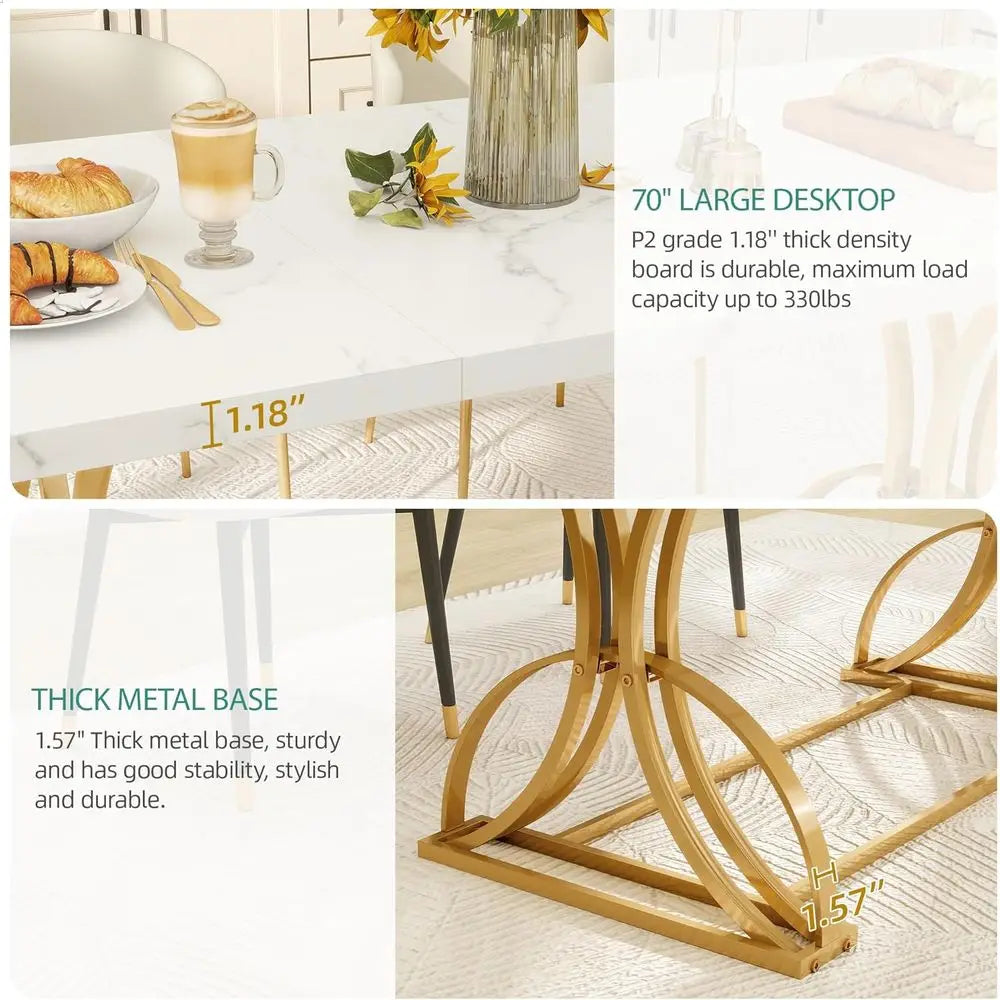 Modern White 70 Inch Rectangle Dining Table for 4-6 with Gold Legs, Perfect for Home, Kitchen, Restaurant Use
