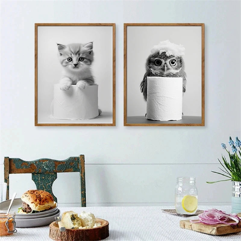 Black and White Cute Animal and Toilet Paper Poster
