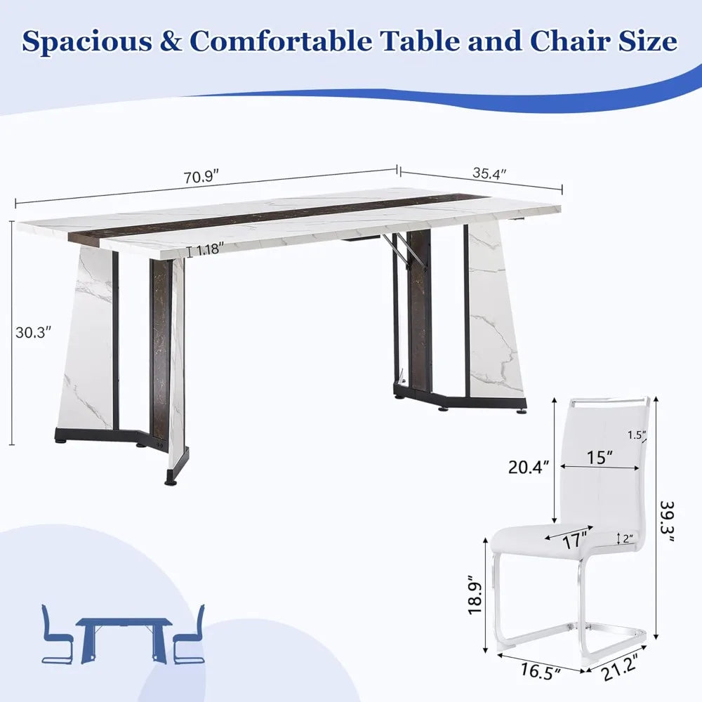Dining Table Set for 6,White Marble 71'' Dining Room Table with Spacious legroom and White Leather Dining Chairs,Easy Assembley
