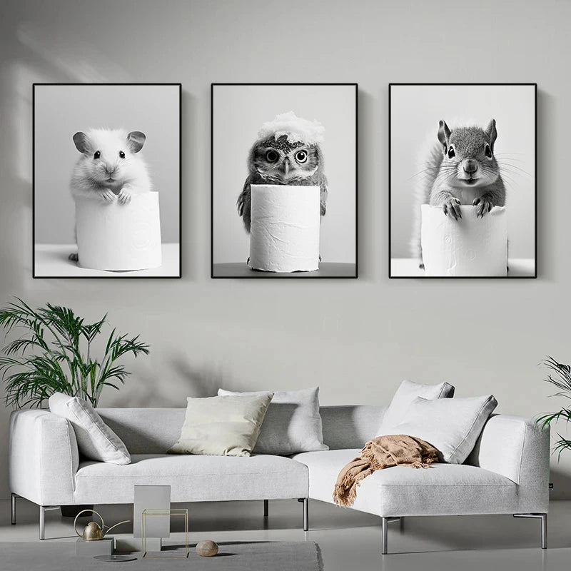 Black and White Cute Animal and Toilet Paper Poster