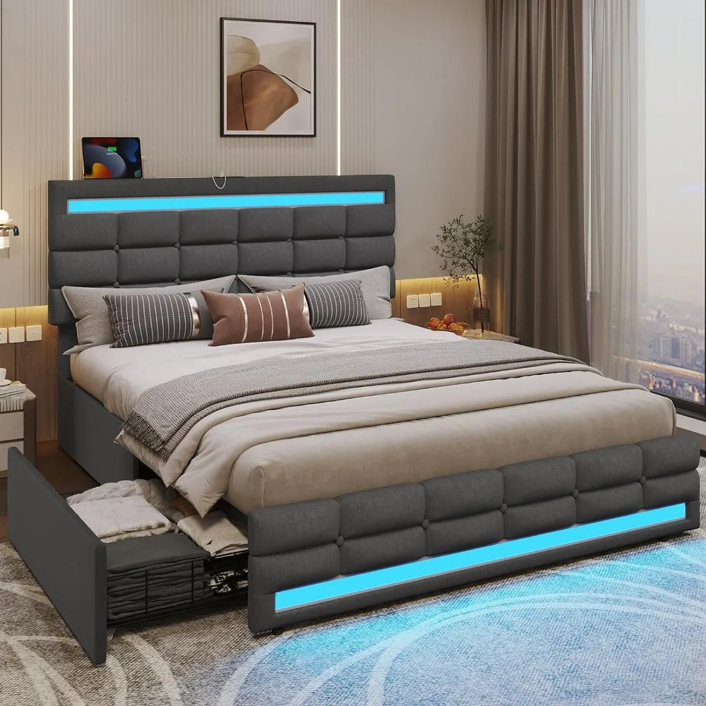 LED Bed Frame with 4 Storage Drawers & USB Charging Stations