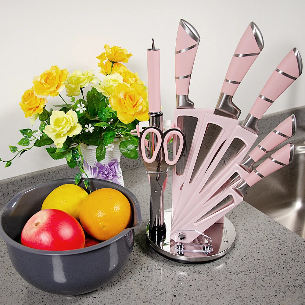 ZENG 9PCS Kitchen Knife Set Stainless Steel Hollow Handle Sharp Meat Cutting Cooking Knife Scissors Bread Knife Fruit Peeler
