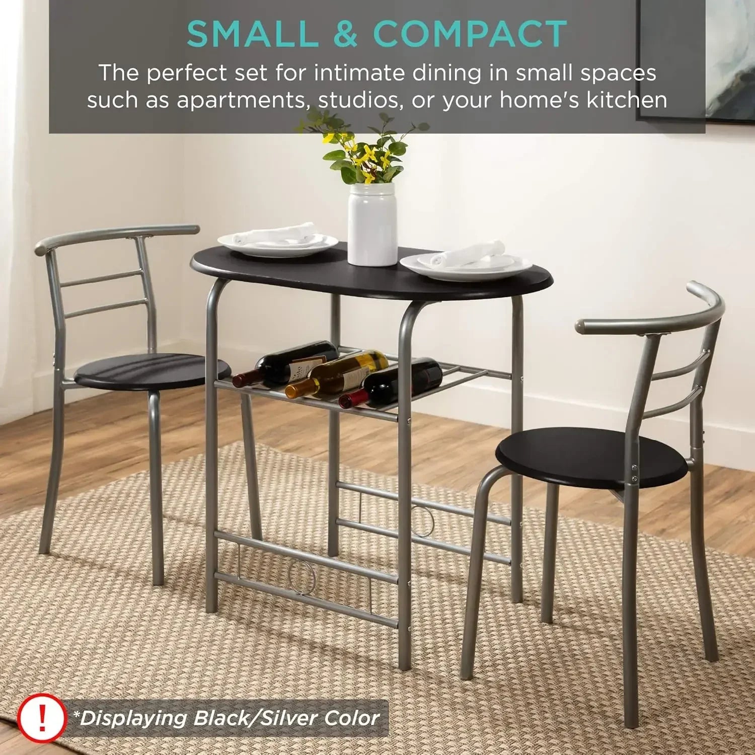 3-Piece Wooden Round Table and Chair Set – Compact Kitchen & Dining Set with Steel Frame and Built-in Wine Rack (Black/Brown)