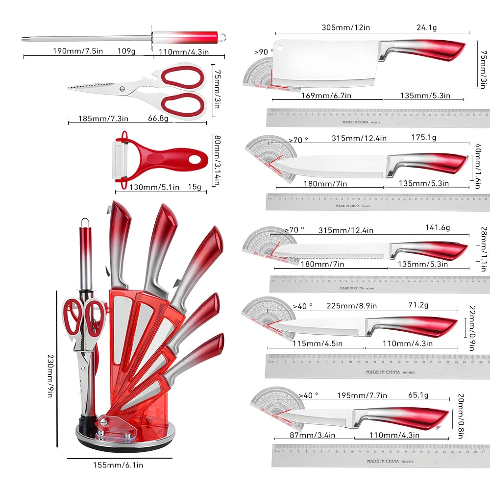 MDHAND 9Pcs Stainless Steel Knife Block Set with Sharpener Cutting Slicing Fruit Meat Cleaver Utility Knife Knives  Accessories