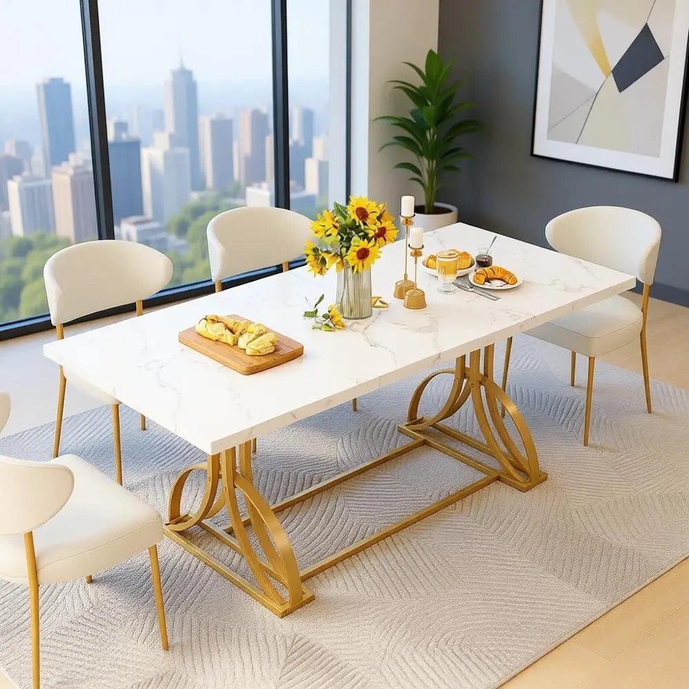 Modern White 70 Inch Rectangle Dining Table for 4-6 with Gold Legs, Perfect for Home, Kitchen, Restaurant Use