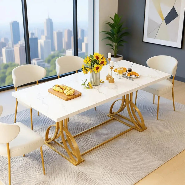 Modern White 70 Inch Rectangle Dining Table for 4-6 with Gold Legs, Perfect for Home, Kitchen, Restaurant Use