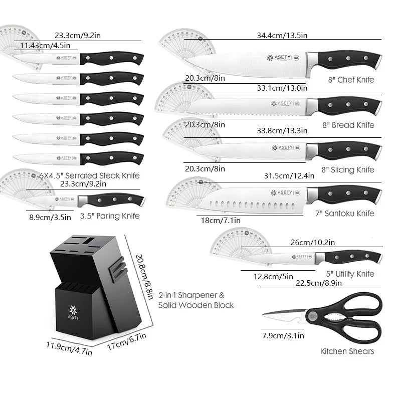 15 PCS Kitchen Knife Set With Built-in Knife Sharpener Block, Professional Stainless Steel Knife Set With Built