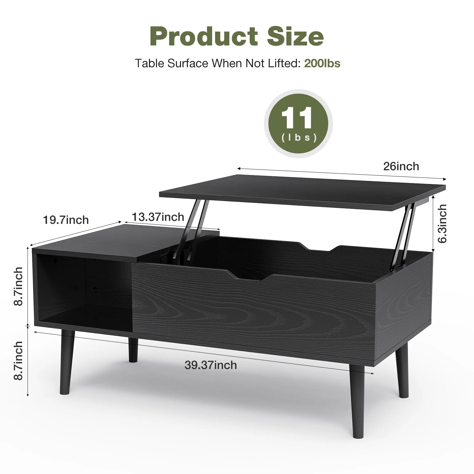 JHK Lift-Top Coffee Table with Adjustable Storage Shelf