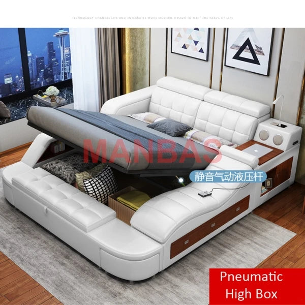 King/Queen Size Multifunctional Smart Tech Bed – Genuine Leather Upholstered Tatami Bed with Massage, Audio System, Storage & LED Lighting