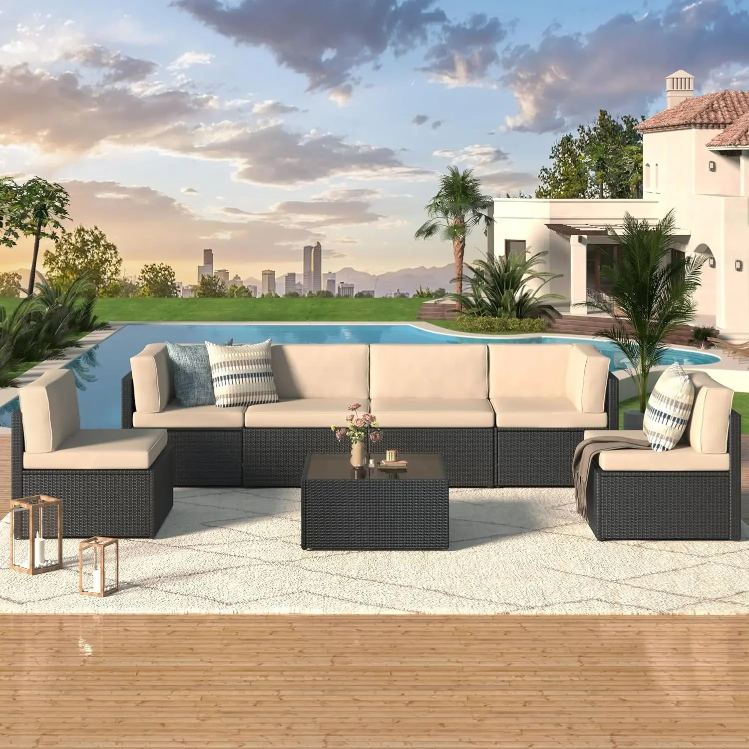 7-Piece Outdoor Patio Furniture Set – Grey PE Rattan Wicker Sectional with Cushions