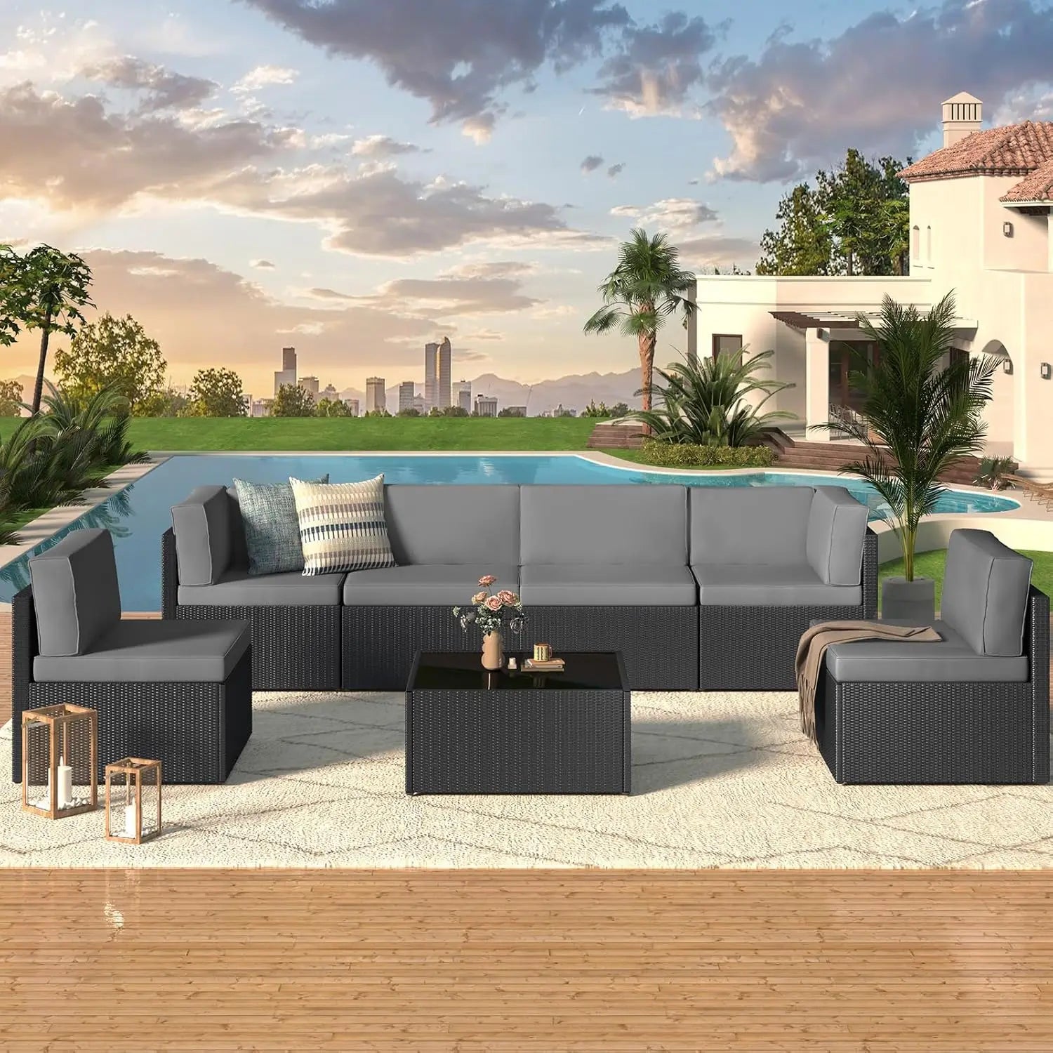 7-Piece Outdoor Patio Furniture Set – Grey PE Rattan Wicker Sectional with Cushions