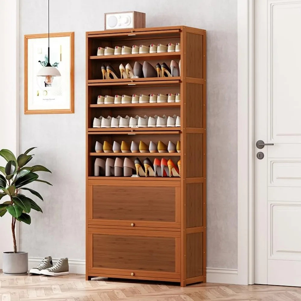 Tall Bamboo Shoe Storage Cabinet Free Standing Shoe Shelf Storage Rack with Flip Doors Shoes Heels Storage Cabinet Organizer