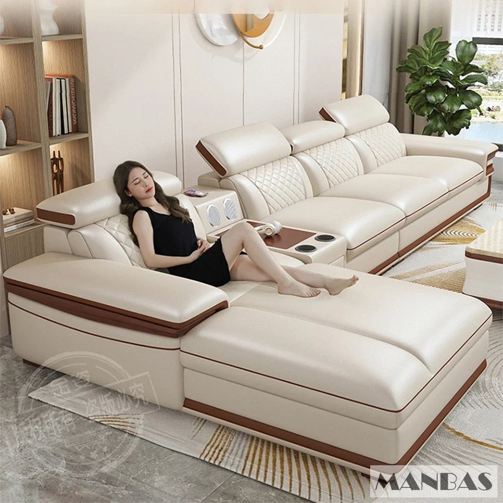 MINGDIBAO Premium Italian Genuine Leather Sofa Set – Adjustable Headrests, Bluetooth Speakers & Wireless Charging