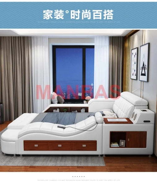 King/Queen Size Multifunctional Smart Tech Bed – Genuine Leather Upholstered Tatami Bed with Massage, Audio System, Storage & LED Lighting