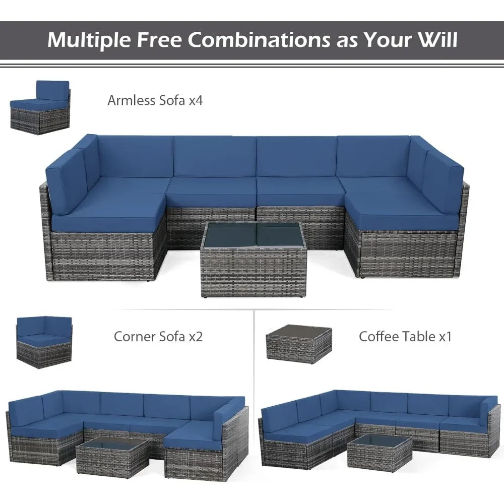 7-Piece Outdoor Patio Furniture Set – Grey PE Rattan Wicker Sectional with Cushions