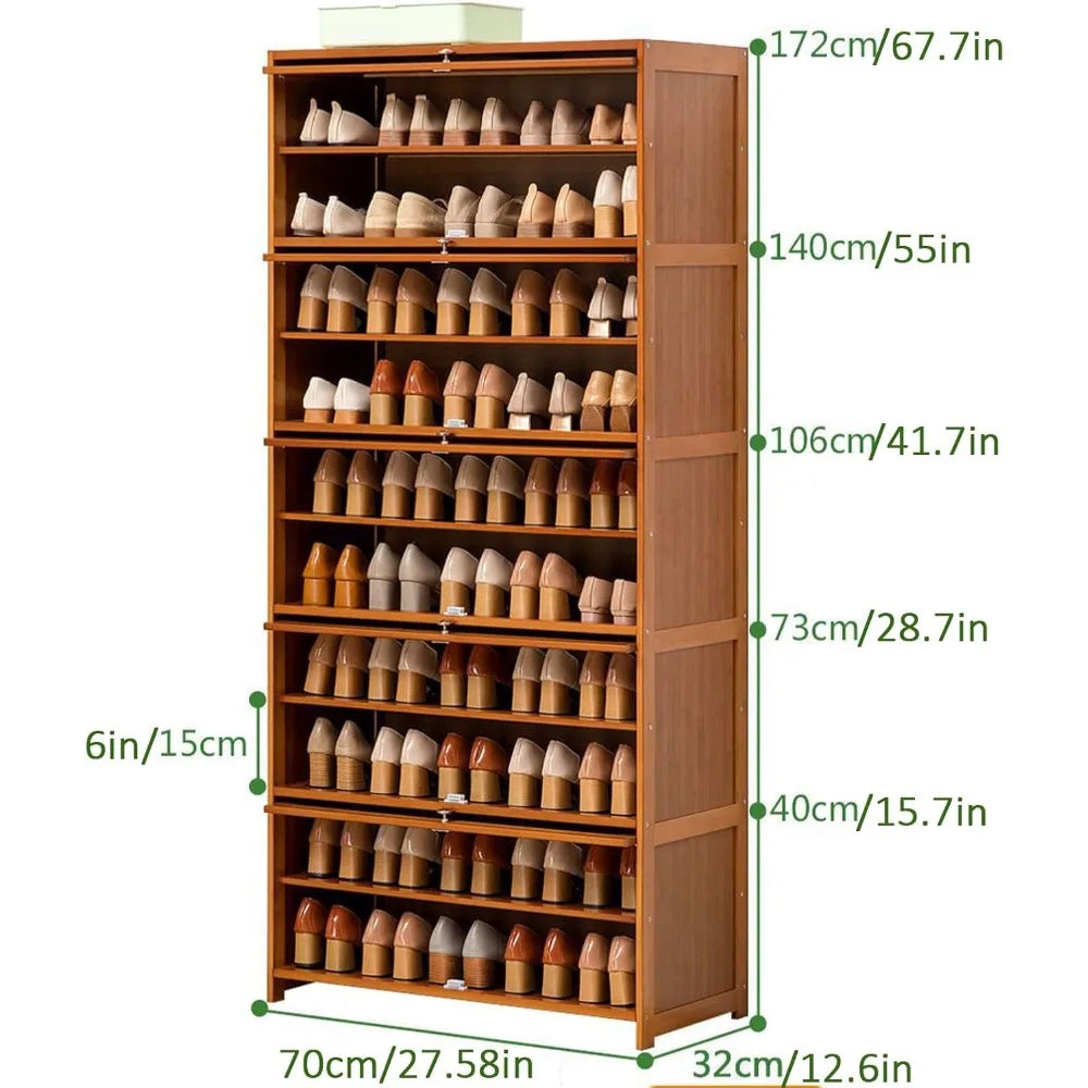 Tall Bamboo Shoe Storage Cabinet Free Standing Shoe Shelf Storage Rack with Flip Doors Shoes Heels Storage Cabinet Organizer