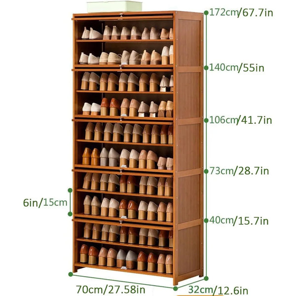 Tall Bamboo Shoe Storage Cabinet Free Standing Shoe Shelf Storage Rack with Flip Doors Shoes Heels Storage Cabinet Organizer