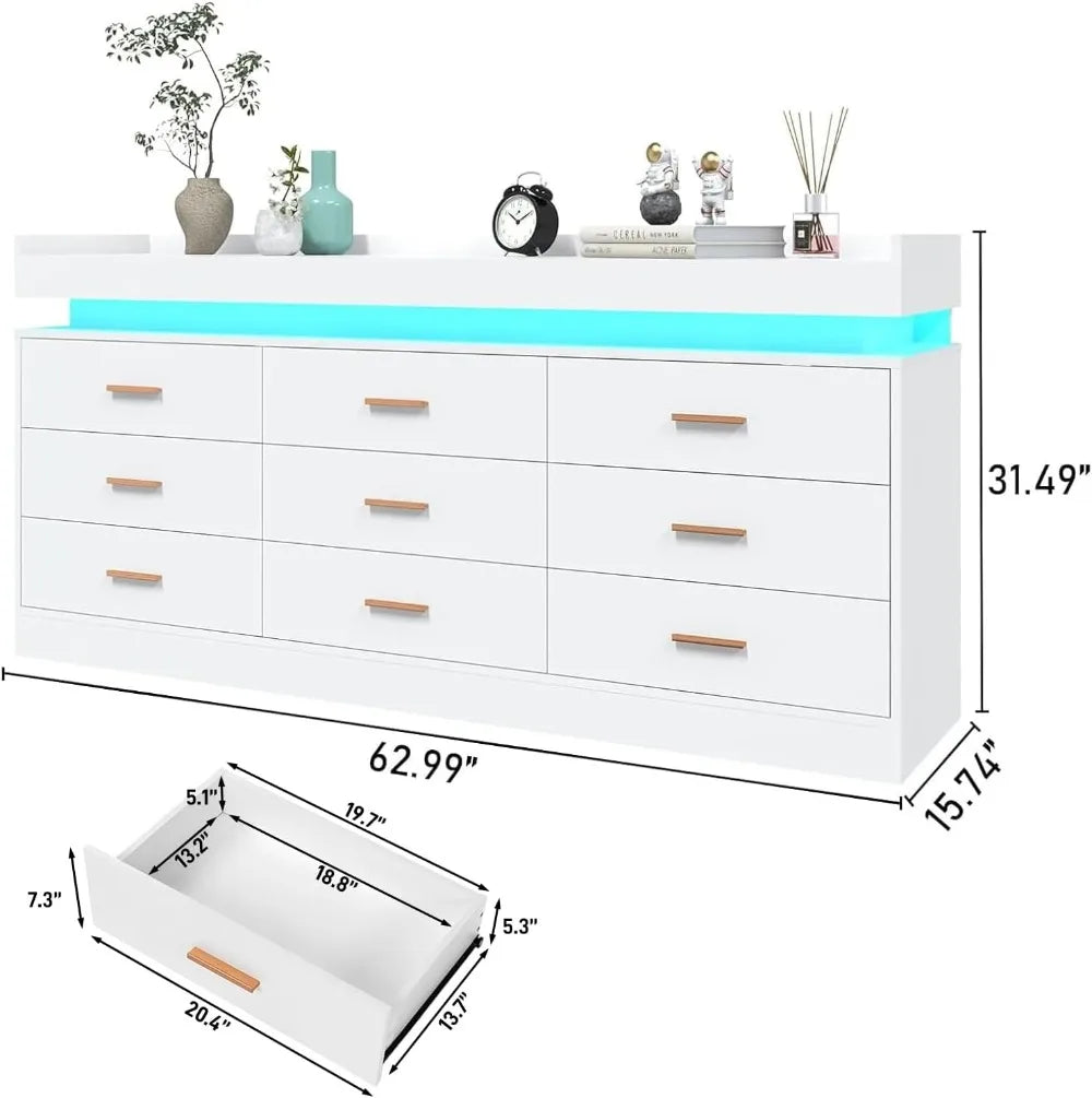 9 Drawer Dresser with LED Light and Charging Station, Modern Chest of Drawers for Closet, Wide Drawer Organizer Cabinet