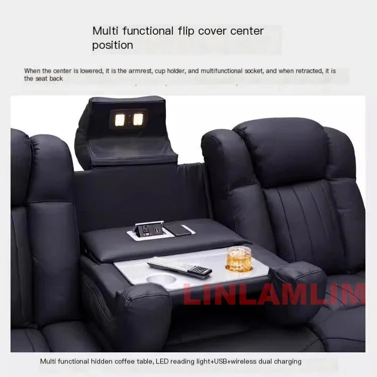 Luxury Dual Motor Power Reclining Sofa – 3-Seat Recliner with LED Lighting, USB Ports, Hidden Storage & Fold-Down Table with Tray