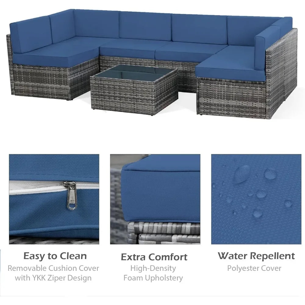 7-Piece Outdoor Patio Furniture Set – Grey PE Rattan Wicker Sectional with Cushions