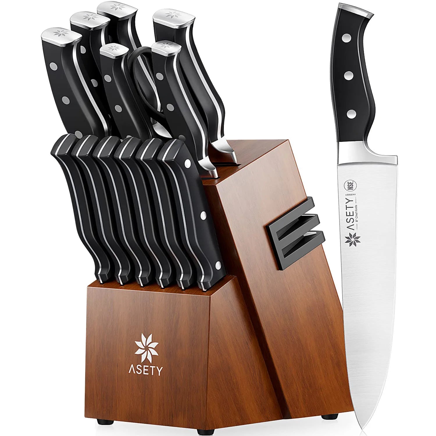 15 PCS Kitchen Knife Set With Built-in Knife Sharpener Block, Professional Stainless Steel Knife Set With Built
