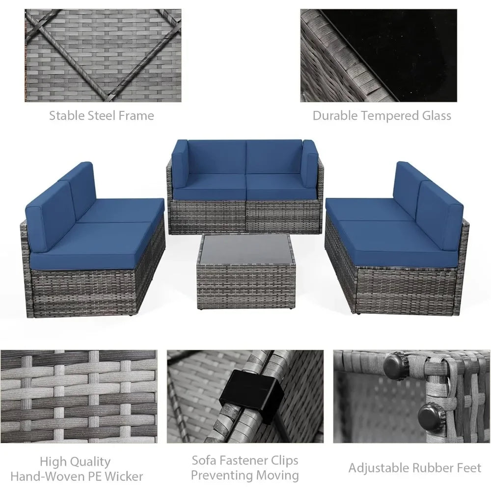 7-Piece Outdoor Patio Furniture Set – Grey PE Rattan Wicker Sectional with Cushions
