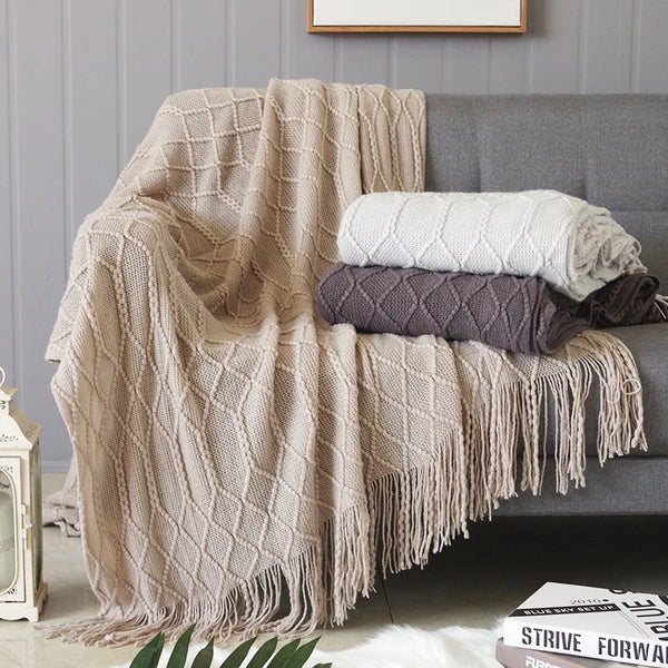 Nordic Knitted Throw Blankets with Tassels