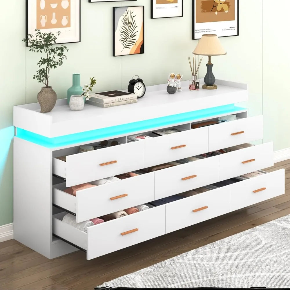9 Drawer Dresser with LED Light and Charging Station, Modern Chest of Drawers for Closet, Wide Drawer Organizer Cabinet