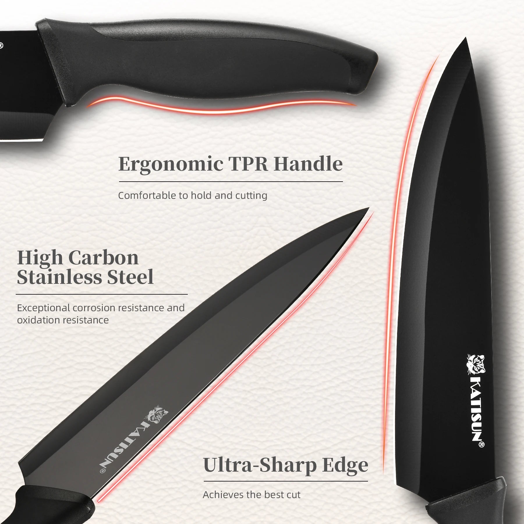 15 Pieces Carbon Steel Kitchen Knife Block Set, Built-in Knife Sharpener, Non-Slip PP+TPR Handles, 6 Steak Knives