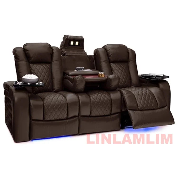 Luxury Dual Motor Power Reclining Sofa – 3-Seat Recliner with LED Lighting, USB Ports, Hidden Storage & Fold-Down Table with Tray