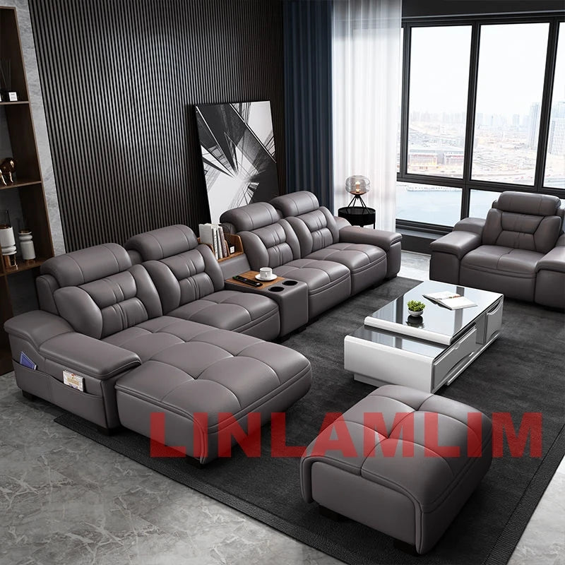 Modern Genuine Leather Sectional Sofa with Chaise Lounge, Cup Holders and Storage, L-Shaped Reclining Couch for Living Room