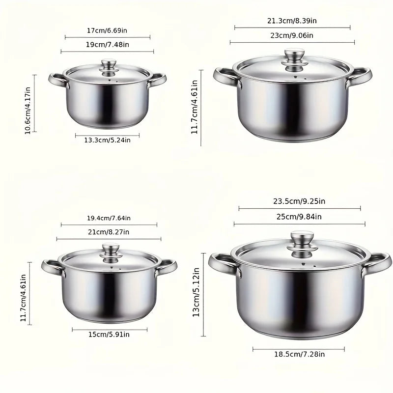 4-Piece Stainless Steel Pot Set, No Stove Selection, Large Capacity, Suitable for Kitchen Cooking
