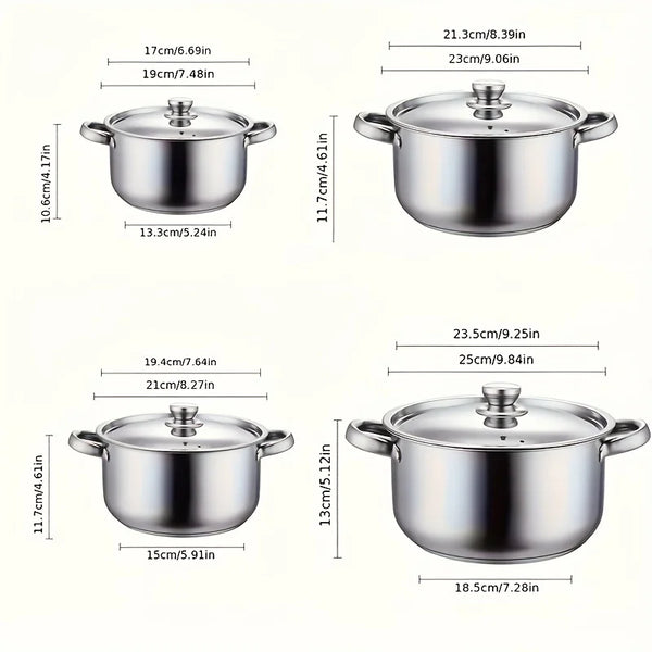 4-Piece Stainless Steel Pot Set, No Stove Selection, Large Capacity, Suitable for Kitchen Cooking