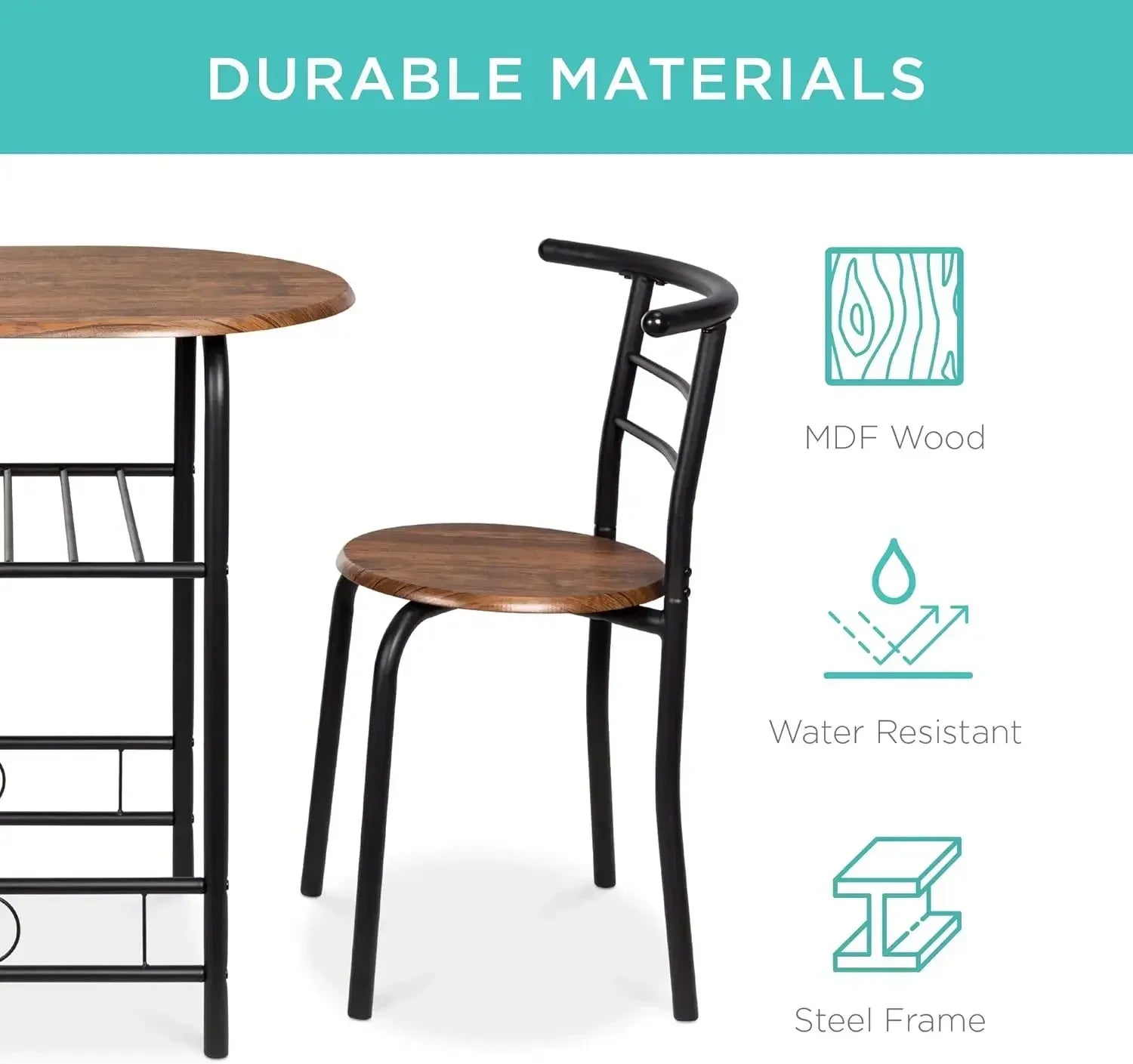 3-Piece Wooden Round Table and Chair Set – Compact Kitchen & Dining Set with Steel Frame and Built-in Wine Rack (Black/Brown)