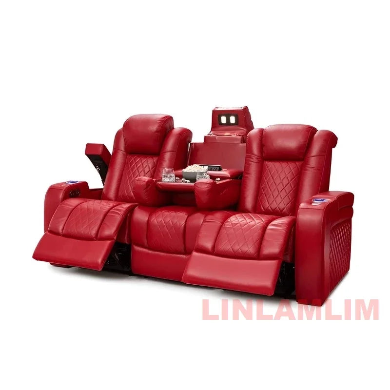 Luxury Dual Motor Power Reclining Sofa – 3-Seat Recliner with LED Lighting, USB Ports, Hidden Storage & Fold-Down Table with Tray